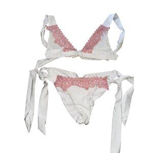 White Two Piece Swimsuit Pink Lace‎ Trim Size Large Bikini Set Scrunch Butt Sexy